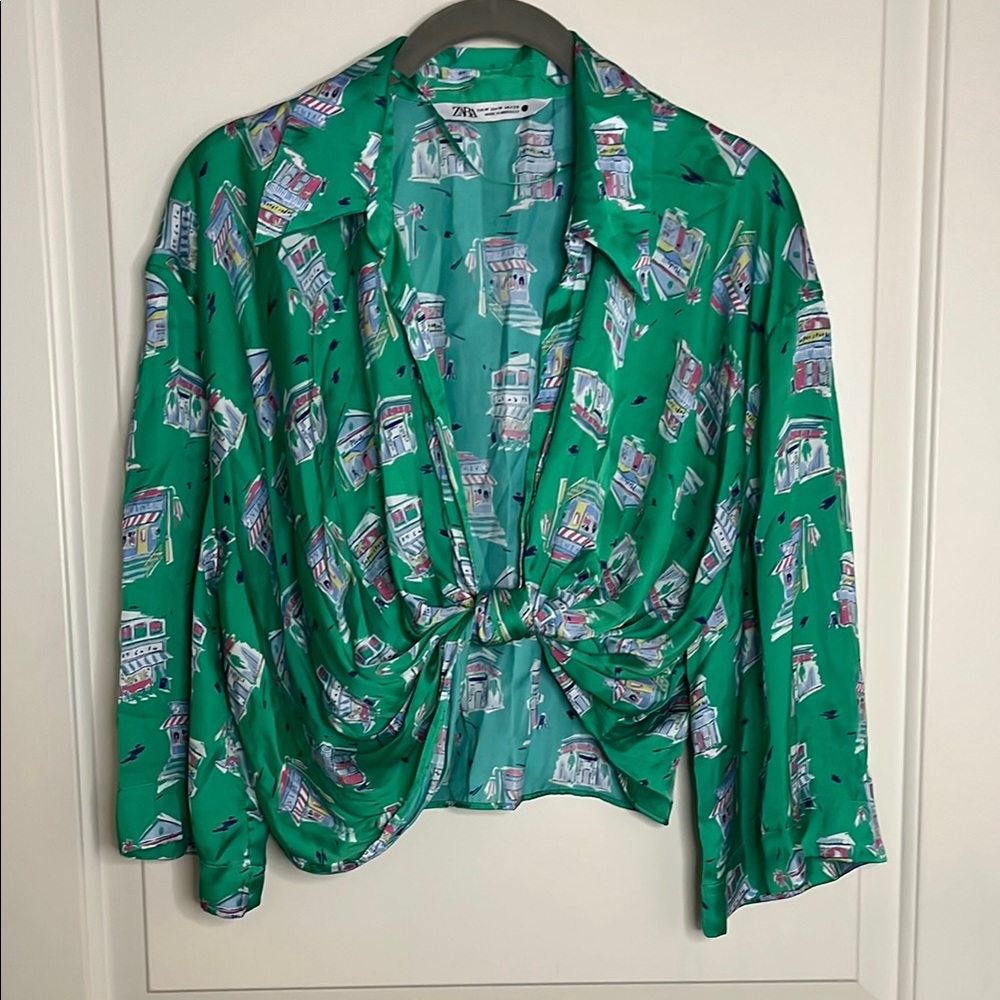 Zara Green Tie Front Blouse with Notched Collar